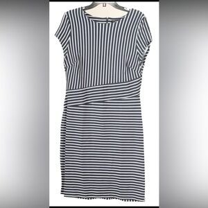 Banana Republic Dress Women’s 14 Blue White Striped Sheath Short Sleeve Stretch